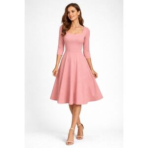 Dressystar Pink Fit Flare Dress‎ XS Square Neck 3/4 Sleeve Midi